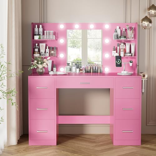 YESHOMY Vanity Desk with Mirror, Power Outlet and 10 Lights, Makeup Table with 7 Drawers, 3 Color Modes Available for Bedroom, Pure White