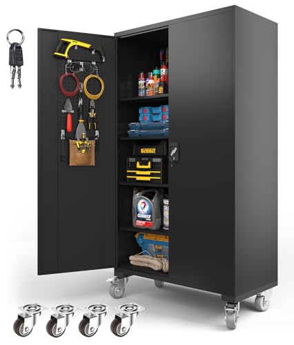 Upgraded Wide Metal Storage Cabinet - 72 Inch Black Lockable Garage Cabinet with Wheels & 4 Adjustable Shelves | Heavy-Duty Steel Cabinet for Garage, Office, Pantry, Gym