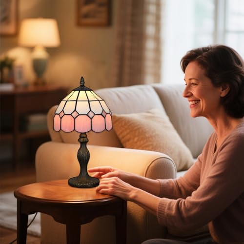 Tiffany-Style 8 Inch Table Lamp Mediterranean Series Stained Glass Lampshades Small Bedside Lamp Reading Antique Desk Light Livingroom Bedroom Office Vintage Art Deco Victorian(Color:Pink)