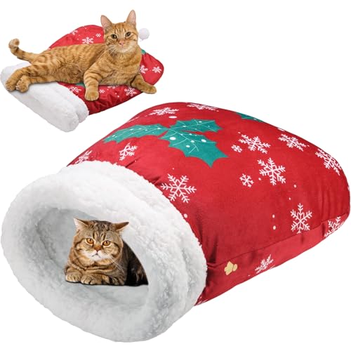 Christmas Cat Sleeping Bag Self Warming Burrow Kitten Bed Winter Pet Cave Sleeping Bag 360°wrap Comfortable Snuggle Sack for Cat Small Dog Pet Winter
