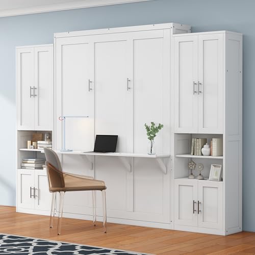 Queen Size Murphy Bed with 2 Side Cabinet Storage Shelves, 68-inch Folding Wall Bed with Desk Combo Perfect for Guest Room, Study, Office (White)