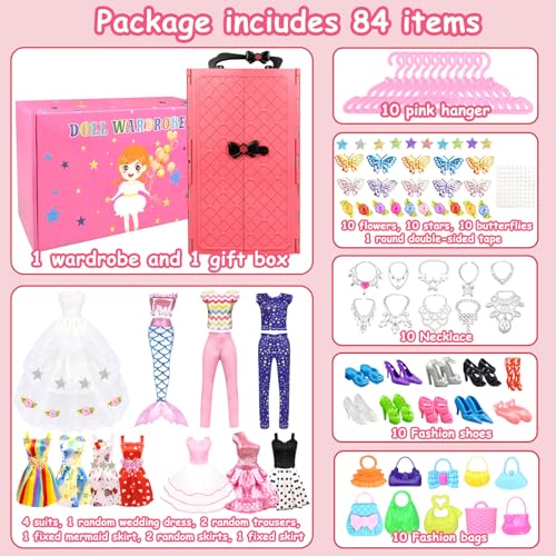 84 Pack Doll Clothes and Accessories with Doll Closet for 11.5 Inch Doll Fashion Design Kit Girl Including Wedding Dress Fashion Dress Outfits Tops and Pants Shoes Hangers Bags Necklaces