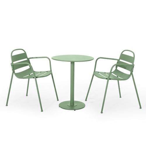 GDFStudio Thrra Nova 3-Piece Outdoor Bistro Set Modern Iron Patio Furniture with 2 Slatted Chairs & Round Table Weather-Resistant for Balcony Garden Backyard Poolside, Dark Green
