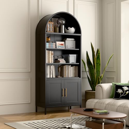 73 in Tall Metal Arched Bookcase, 5-Tier Arched Bookcase with Doors, Modern Farmhouse Bookshelf with 2 Adjustable Shelves, Kitchen Pantry Cabinet for Living Room, Black, Assembly Required