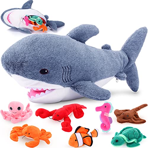 Zomiboo 18 Inch Great Shark Plush with 7 Pcs of Soft Stuffed Sea Animals Include Manta Ray, Seahorse, Crab, Clown Fish, Turtle, Octopus and Lobster, Gift for Friend