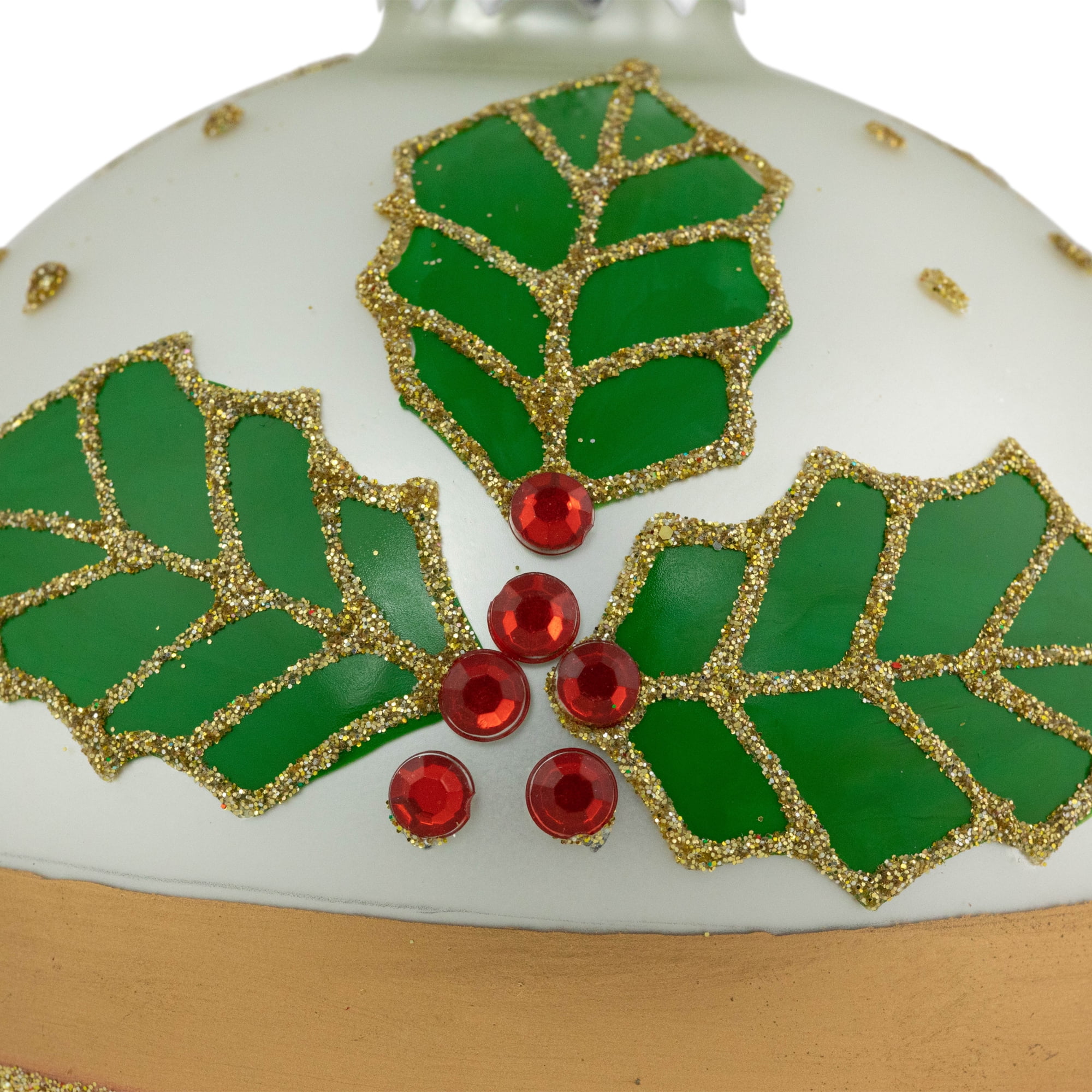 Set of 2 Holly and Berries Glittered Christmas Glass Ball Ornaments 4