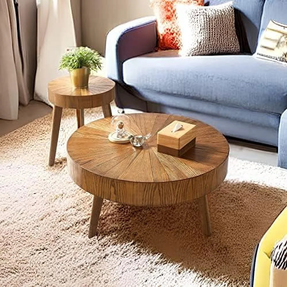 HJZBNONE End Tables Living Room Set of 2  Round Solid Natural Oak Wood Coffee Table  Nesting Table  Suit for Farmhouse  Bedroom and Living Room  31.5 * 31.5 * 14 in
