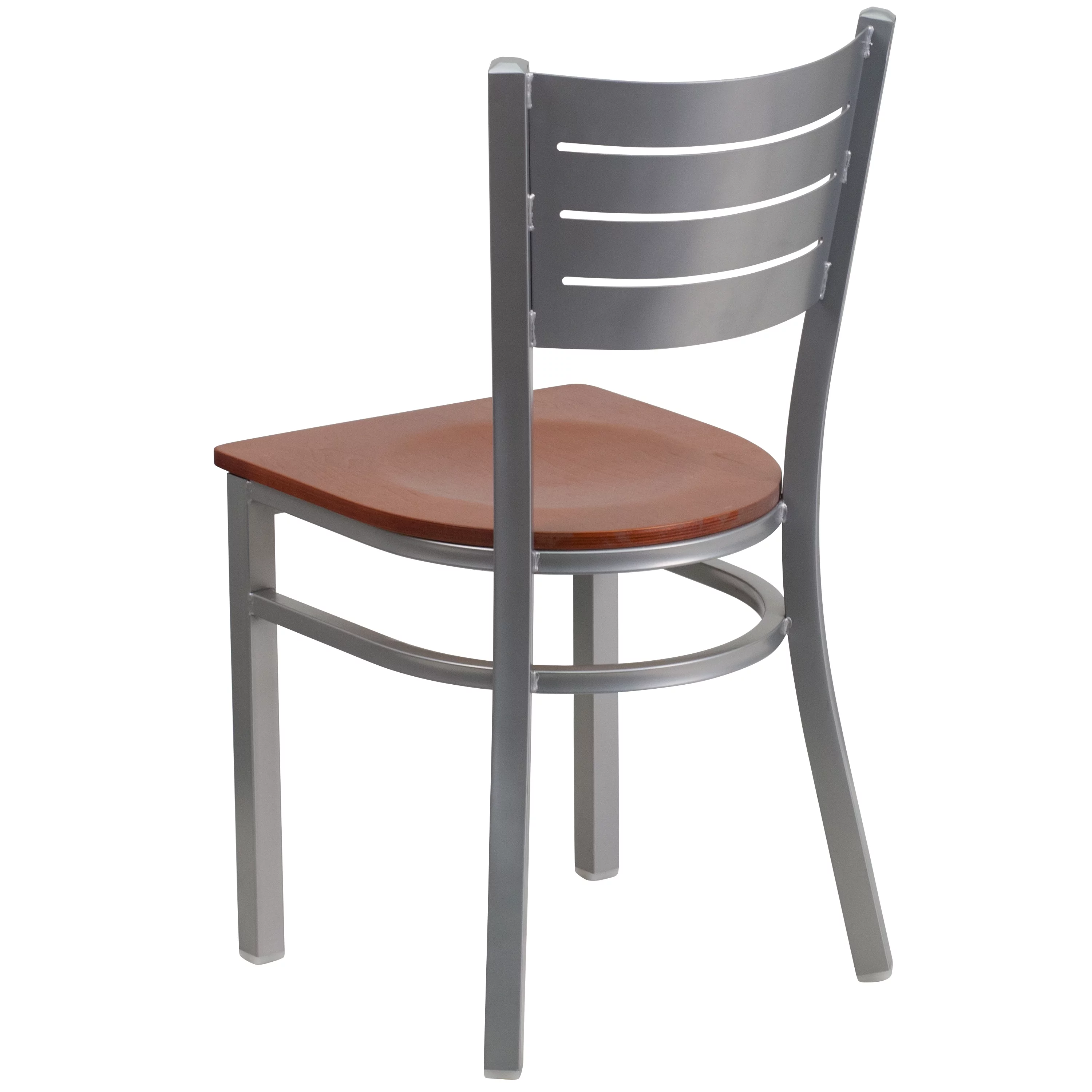 Emma + Oliver Silver Slat Back Metal Restaurant Chair - Cherry Wood Seat