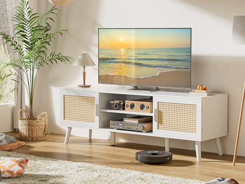 SUPERJARE Boho TV Stand for 65 Inch TV, Entertainment Center with Adjustable Shelf, Rattan TV Console with 2 Cabinets, Media Console, Solid Wood Feet, 4 Cord Holes, for Living Room - Natural