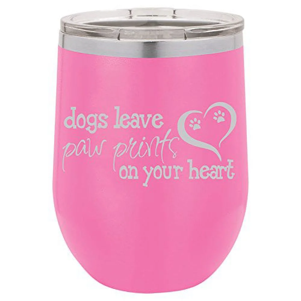 12 oz Double Wall Vacuum Insulated Stainless Steel Stemless Wine Tumbler Glass Coffee Travel Mug With Lid Dogs Leave Paw Prints (Hot-Pink)