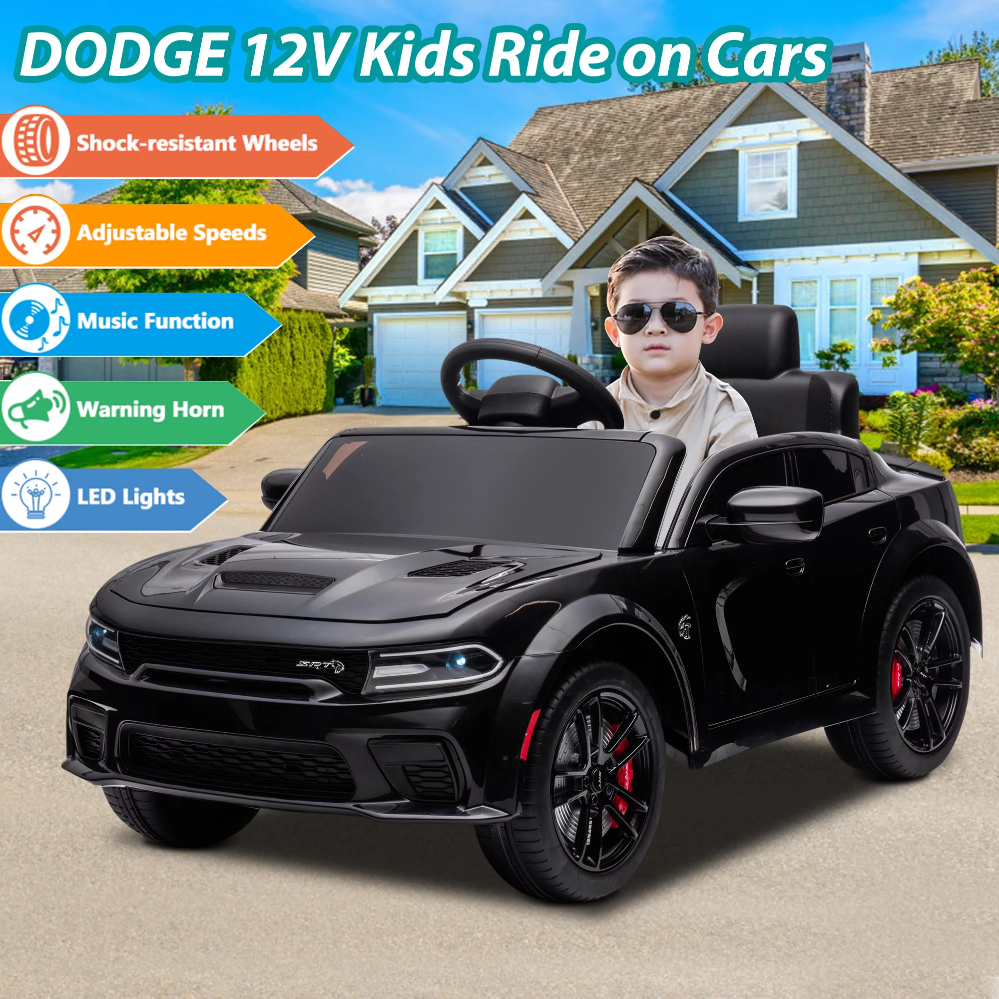 iRerts 12V Black Dodge Charger Ride On Cars with Remote Control, Kids Ride on Toys with Bluetooth, Music, LED Light, USB, MP3, 4 Wheel Suspension, Electric Cars for Kids Boys Girls Birthday Gifts