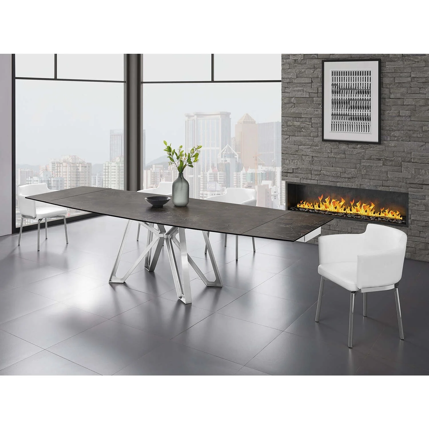 Casabianca Home Dining table with brushed stainless steel base and brown marbled porcelain top.