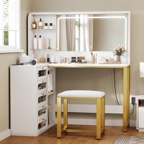 YITAHOME Vanity Desk Set- L Makeup Vanity with Mirror and Lights 3 Lighting Modes, 48
