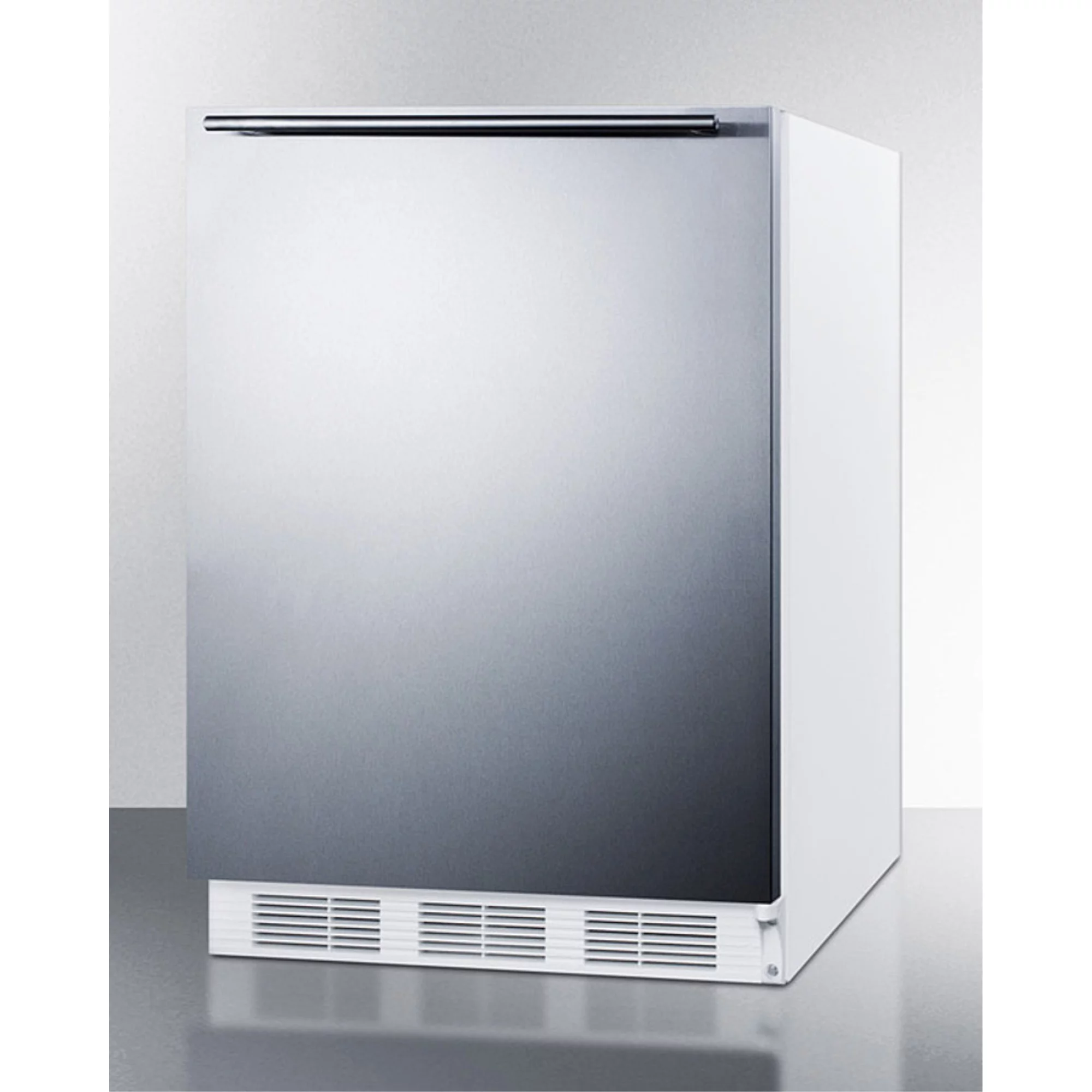 Built-in undercounter refrigerator-freezer for residential use, cycle defrost with a stainless steel wrapped door, horizontal handle, and white cabinet