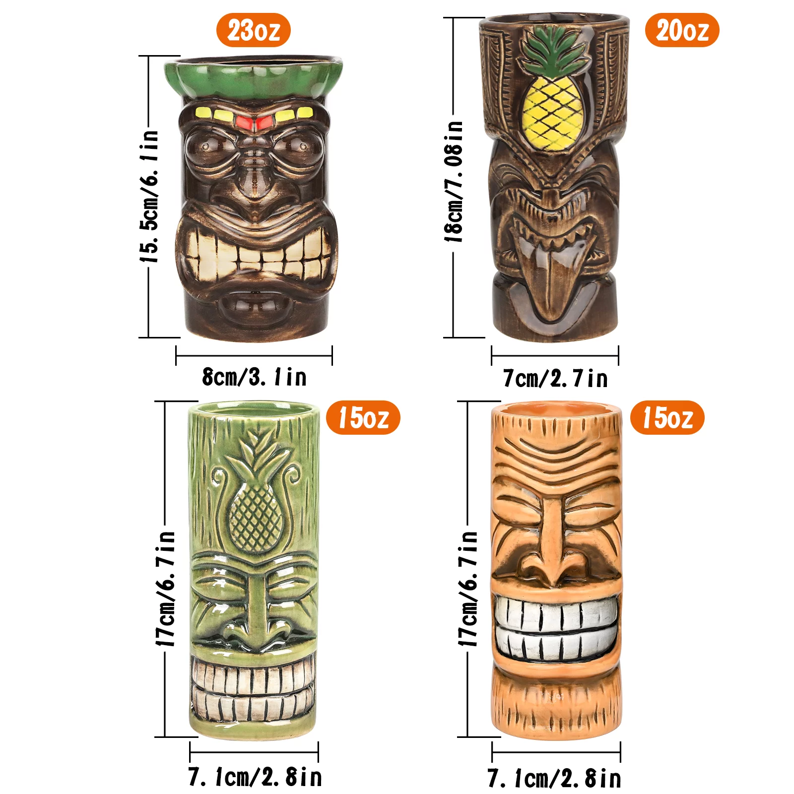 Tiki Mugs Cocktail Set of 4 - Large Tumblers Ceramic Hawaiian Luau Party Mugs Drinkware, Cute Exotic Cocktail Glasses, Tiki Bar Professional Hawaiian Party Barware