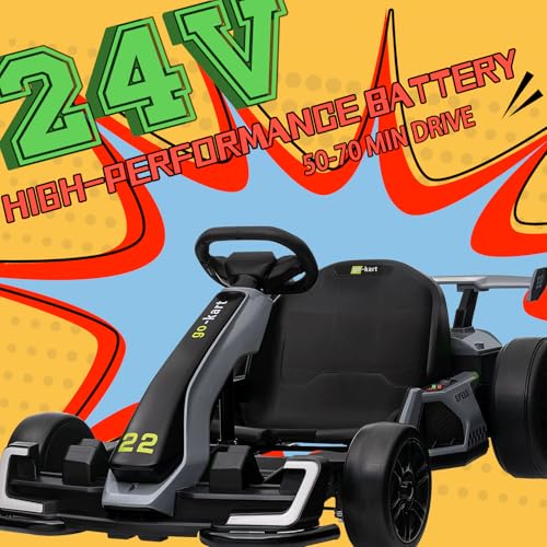 KerryYoo K61 Go Kart Electric Drift Kart Car with Length Adjustable Seat, 24V Outdoor Ride on Toy with 4 Speed Mode, Crazy Cart for Kids 6-12 Years Old, Fast 300W Motor, 8.5 MPH, Bluetooth - Blue