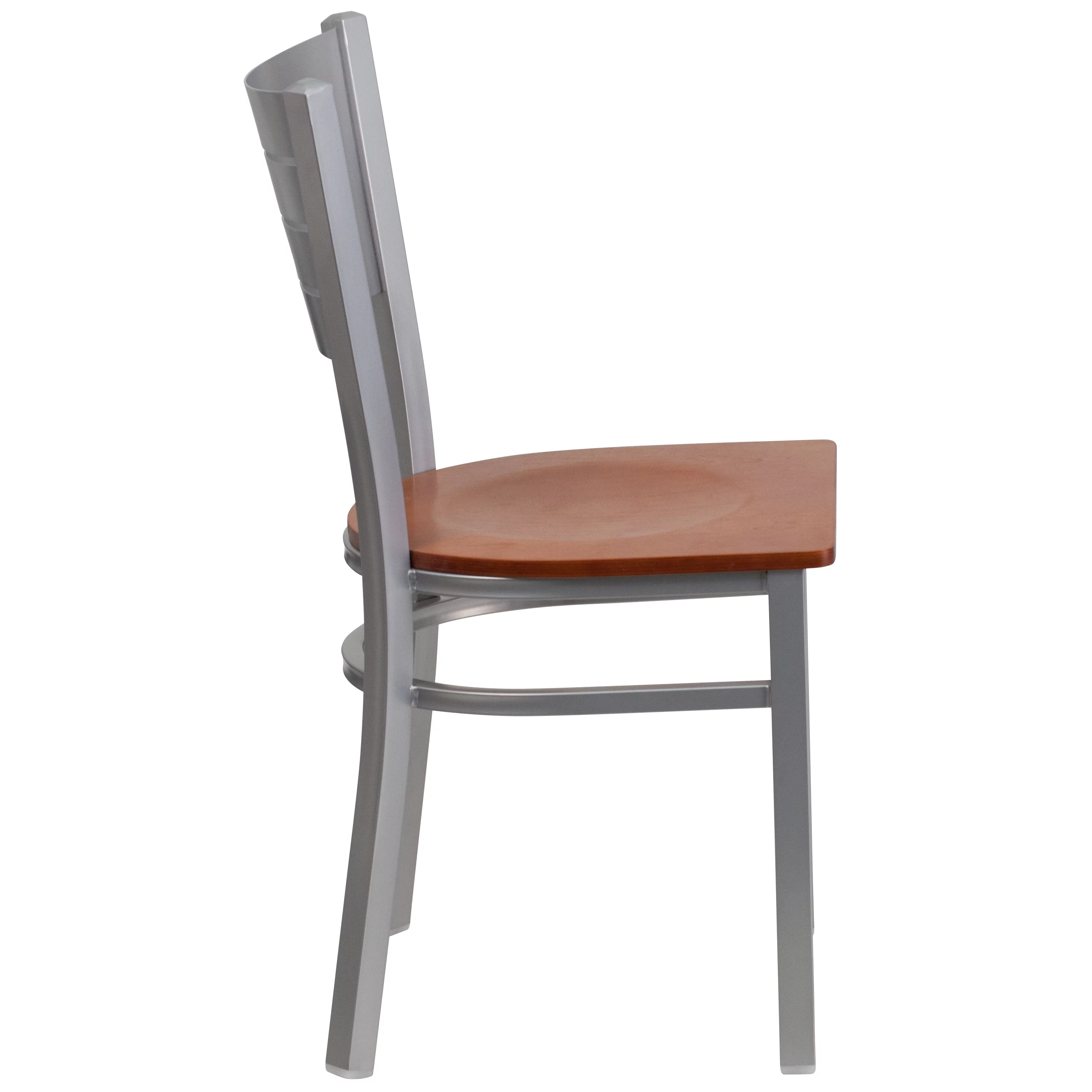 Emma + Oliver Silver Slat Back Metal Restaurant Chair - Cherry Wood Seat