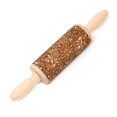 yueton Wooden Embossed Rolling Pin, Engraved, Cute Kitchen Baking Decor Tool, Brown, Model: EM-ROLL-PIN-1