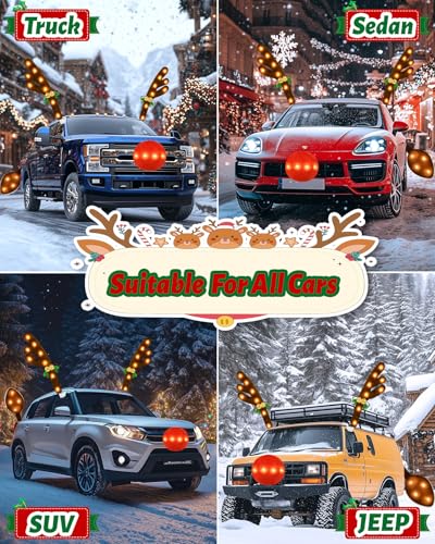 Christmas Reindeer Antlers Car Decoration Kit, LED Lights Nose Vehicle with Jingle Bells Rudolph, Auto Holiday Accessories for SUV Van Truck Decor Multicolor