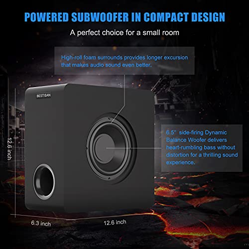 BESTISAN Powered Subwoofer, 6.5'' Side Firing Home Audio Sub, Deep Bass Response Subwoofers, Easy Setup with Home Theater Systems, TV, Speakers, RCA, LFE, AUX Input, High-Level Speaker Input & Output