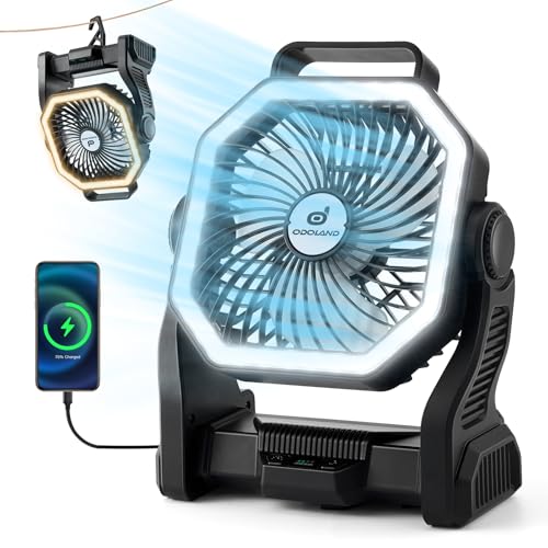 Odoland Camping Fan with LED Lantern, 20000mAh Rechargeable Battery Operated Fan, Portable Outdoor Light with Rotation Hook for Picnic Power Outage Hurricane Emergency Home Patio, Black