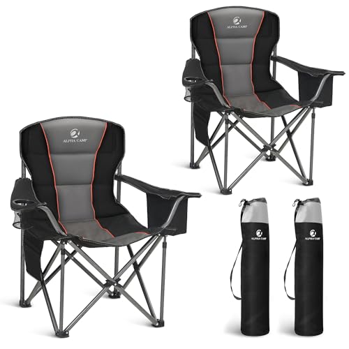 LET'S CAMP Folding Camping Chair Oversized Heavy Duty Padded Outdoor Chair with Cup Holder Storage and Cooler Bag, 450 LBS Weight Capacity, Thicken 600D Oxford,2 Pack