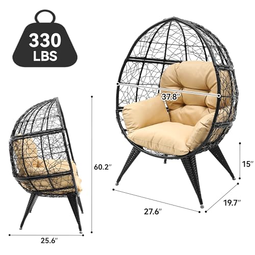 YITAHOME Egg Chair Wicker Indoor Outdoor Oversized Large Lounger with Stand Cushion Leveling Feet Egg Basket Chair 330lbs Capacity for Patio, Bedroom, Living Room, Garden, Backyard, Balcony-Grey