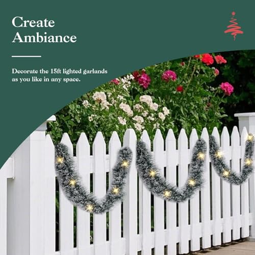 Christmas Garland with Lights 2 Pack, 15FT Lighted Garland for Mantle, Artificial Christmas Garland for Stairs Railing, Front Door & Wall, Plug-in Xmas Decor