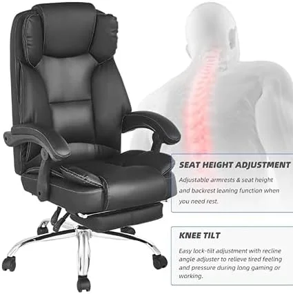 KHBIULIFE Reclining Office Chair with Footrest-Executive Computer Desk Chairs with Adjustable High Back Recliner Chair  Thick Padded Strong Metal Base Quiet Wheels  PU Leather  Black