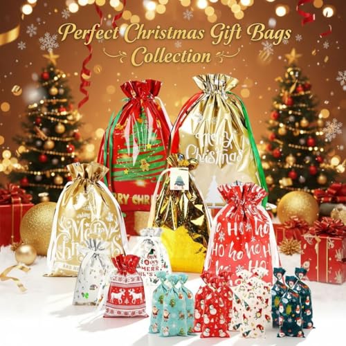 80PCS Christmas Gift Bags Set - 30pcs Assorted Size Drawstring Aluminum FoilGift Bags + 50pcs Plastic Treat Bags, Candy Biscuits Snack Bags, Festive Gift Bags for Christmas Party, Holiday Gifting, Xmas Decorations, Large Medium Small