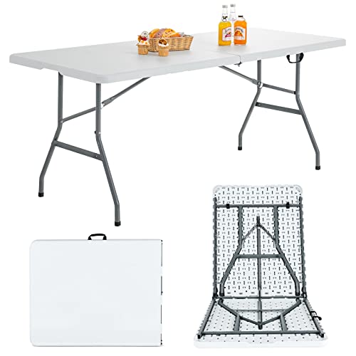 Goplus 6ft Folding Table, Indoor Outdoor Foldable Plastic Folding Tables, Heavy-Duty Rectangular Fold Up Table w/Handle, Portable Utility Card Table for Picnic, Party, Dining, Camping, Beach, White