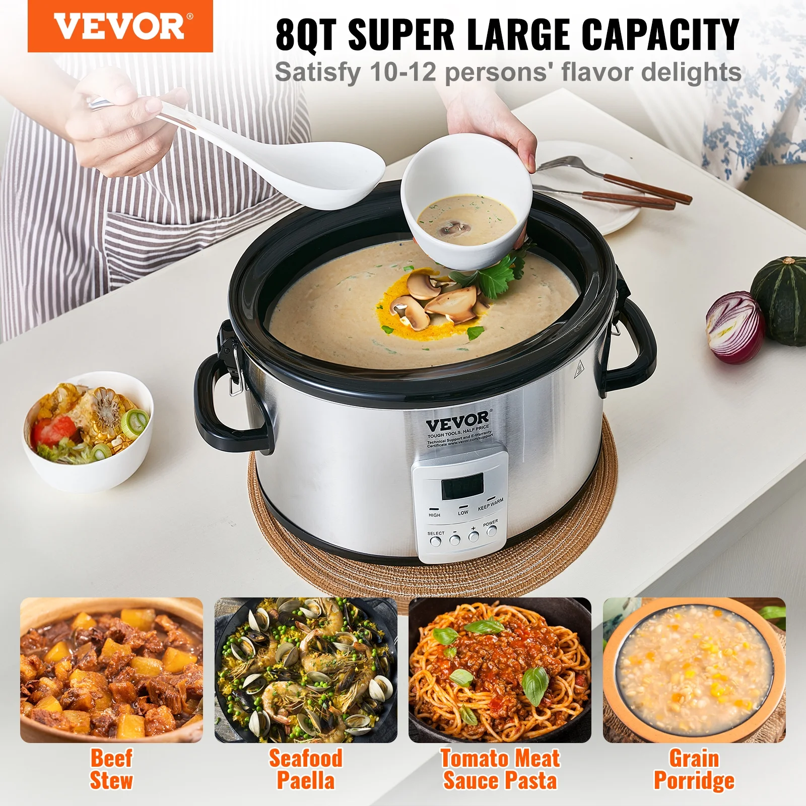 SKYSHALO Slow Cooker 8QT 320W Electric Cooker Pot 3-Level Heat Settings 20h Timer