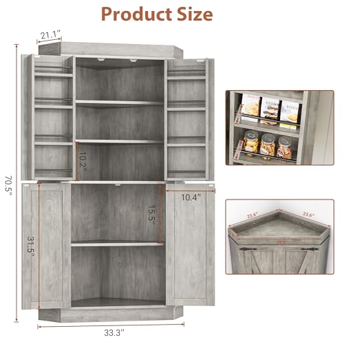 Corner Cabinet, Kitchen Pantry Cabinet, Storage Cabinet with 4 Doors and Shelves, Kitchen Cabinet, Pantry Cabinet, Tall Food Pantry Storage Cabinet Farmhouse Furniture for Kitchen Dining Room, Grey