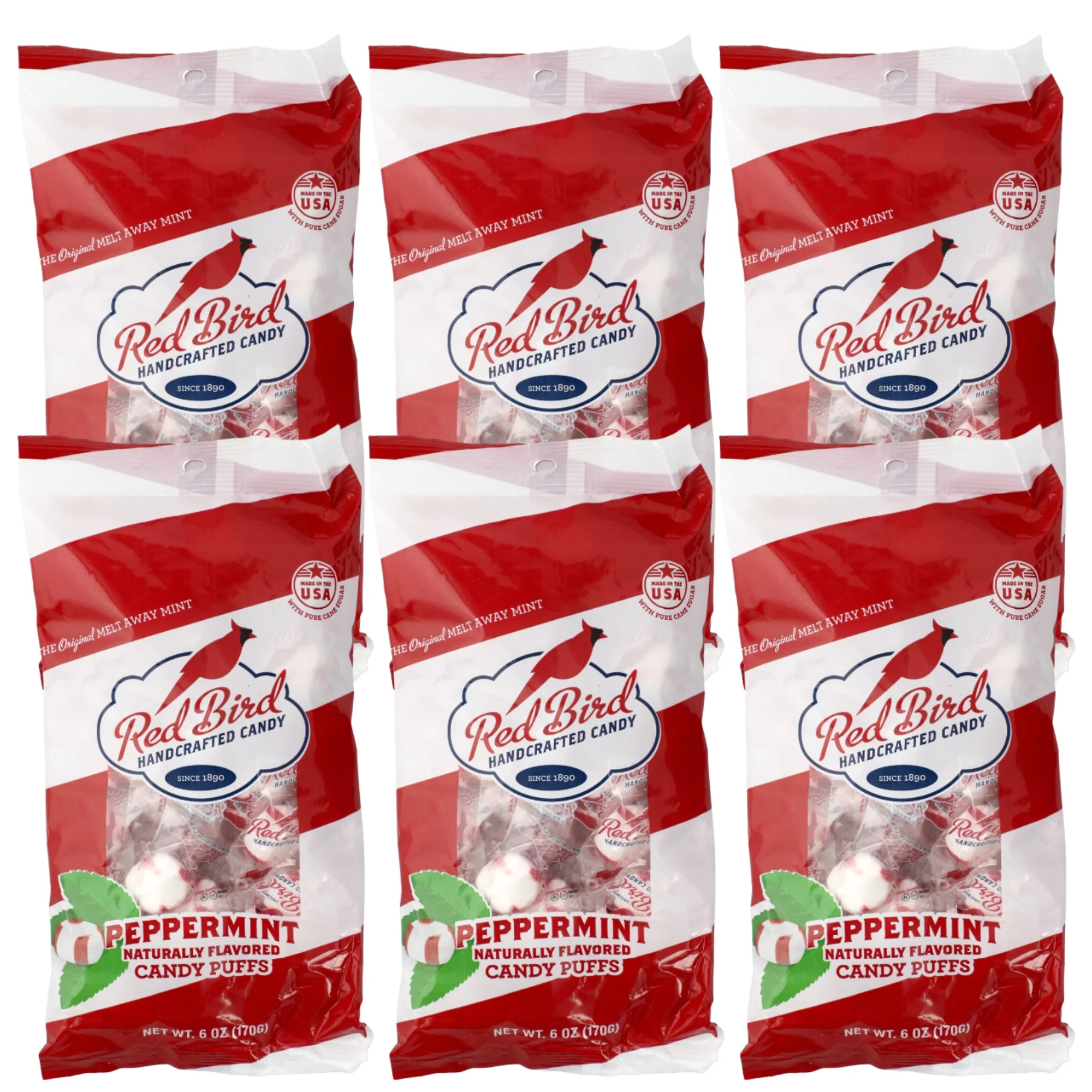 Red Bird Soft Peppermint Candy Puffs 6oz Pack, Gluten-Free 100% Pure Cane Sugar, Minty Candies for Christmas Stocking Stuffers Holiday Goodie Bag Filler & Candy Bowl Pack of 6 & CUSTOM Storage Carrier