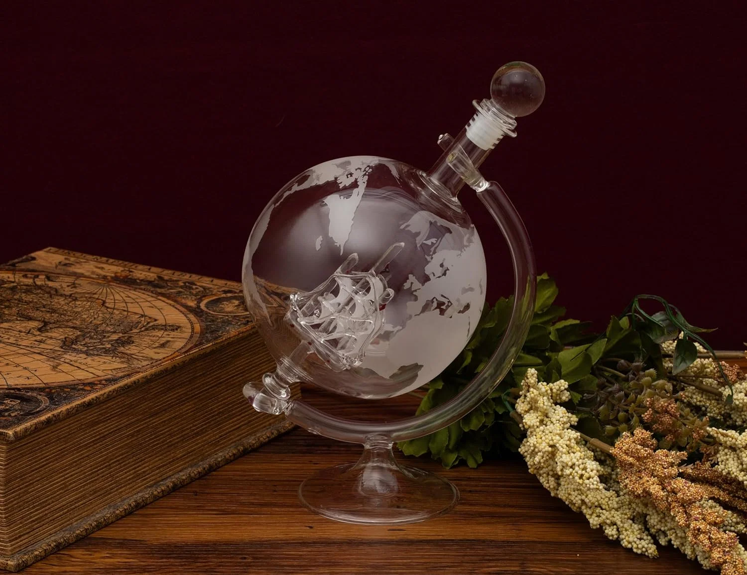 Large 35 Oz 'Ship' Handmade Whiskey Liquor Etched Globe Decanter Set With Glass Stand, 2 Globe Glasses And Bar Funnel