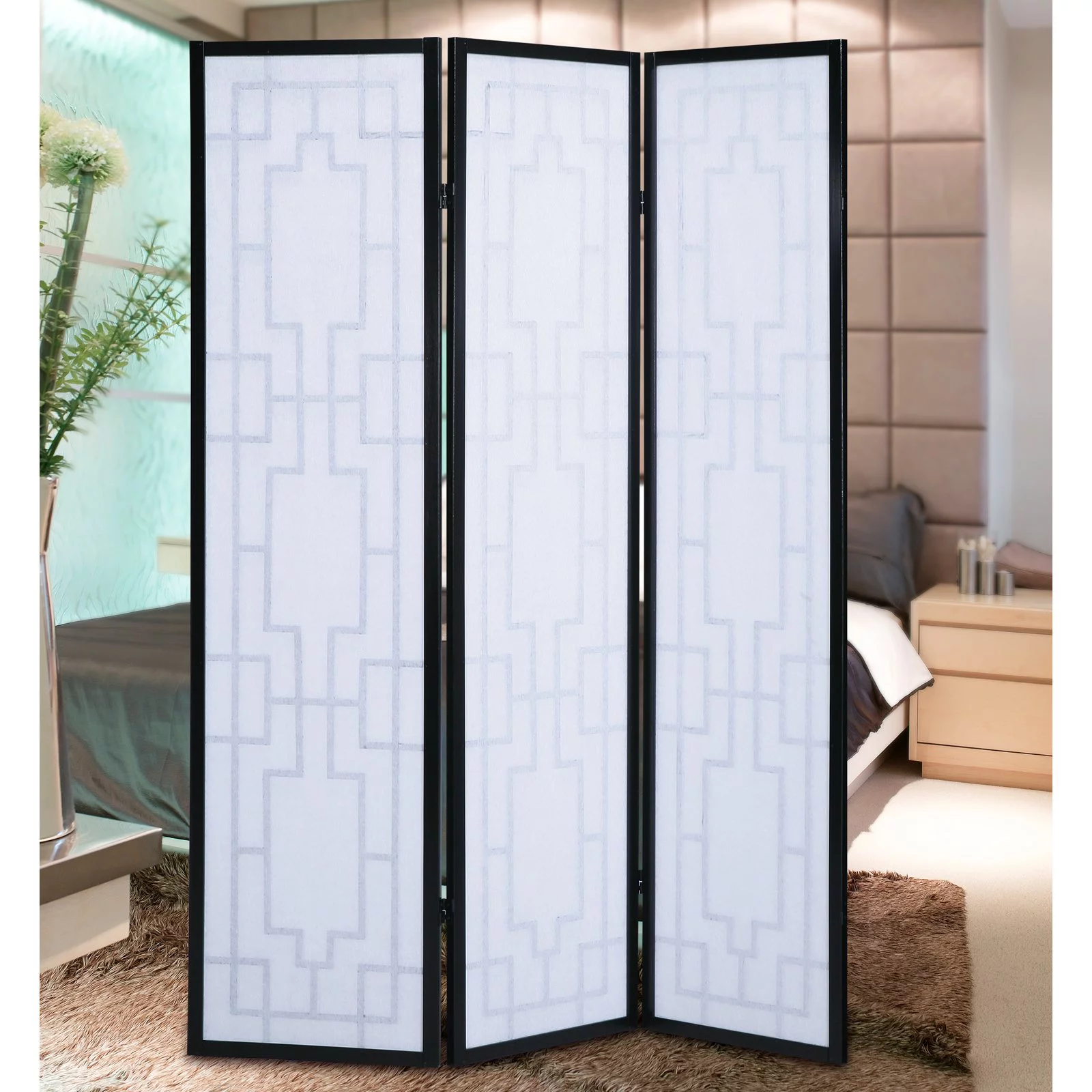 Roundhill Furniture Sudoku Paper and Wood 3-Panel Room Divider Screen in Black