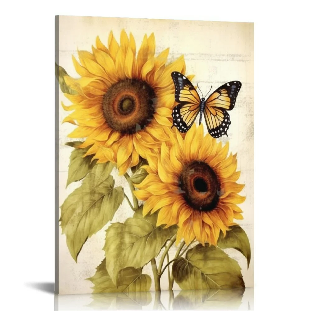 COMIO  Vintage Sunflower Wall Art Decor Sunflowers Canvas Pictures Butterfly Artwork Shabby Chic Rustic Painting Botanical Prints for Bathroom Bedroom Living Room Ready to Hang