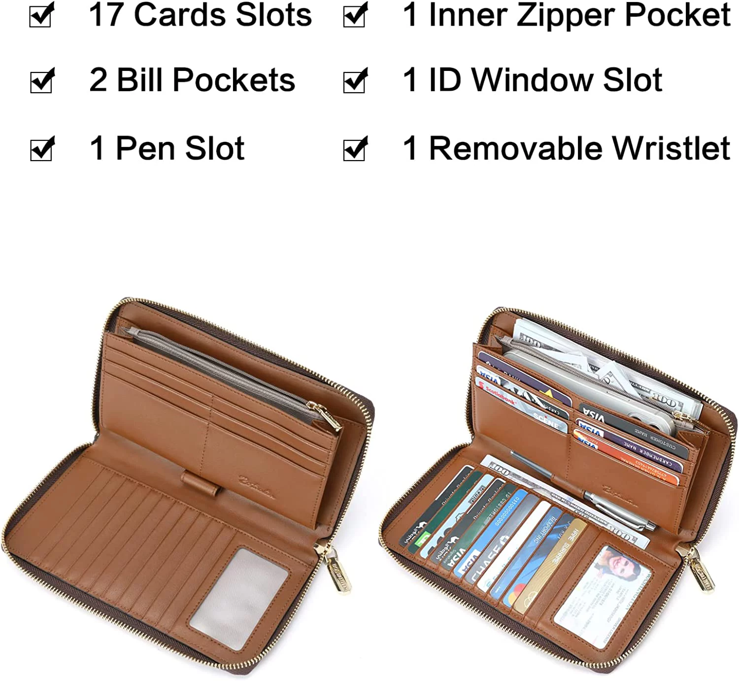 BOSTANTEN Leather Wallets for Women RFID Blocking Zip Around Credit Card Holder Phone Wristlet Clutch