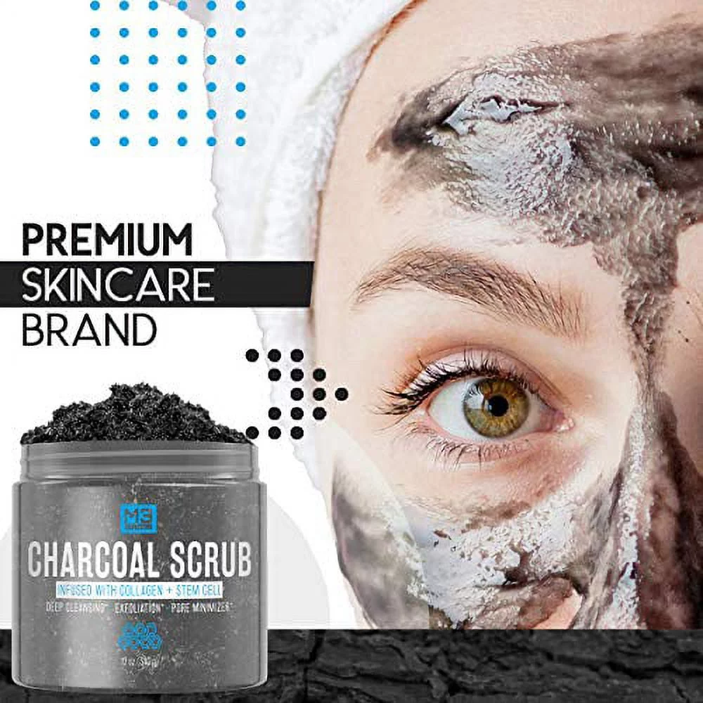 M3 Naturals Activated Charcoal Scrub Infused with Collagen & Stem Cell All Natural Body & Face Skin Care Exfoliating Blackheads Acne Scars Pore Minimizer Reduces Wrinkles Anti Cellulite12 OZ