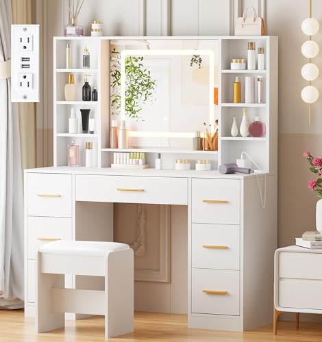 ANWBROAD Vanity Desk Table with Lighted Mirror 39.4“ Girls Makeup Vanity with Power Outlet 3 Colors Lighting Adjustable Brightness Vanity Table for Bedroom Dressing Room White UBDT65W