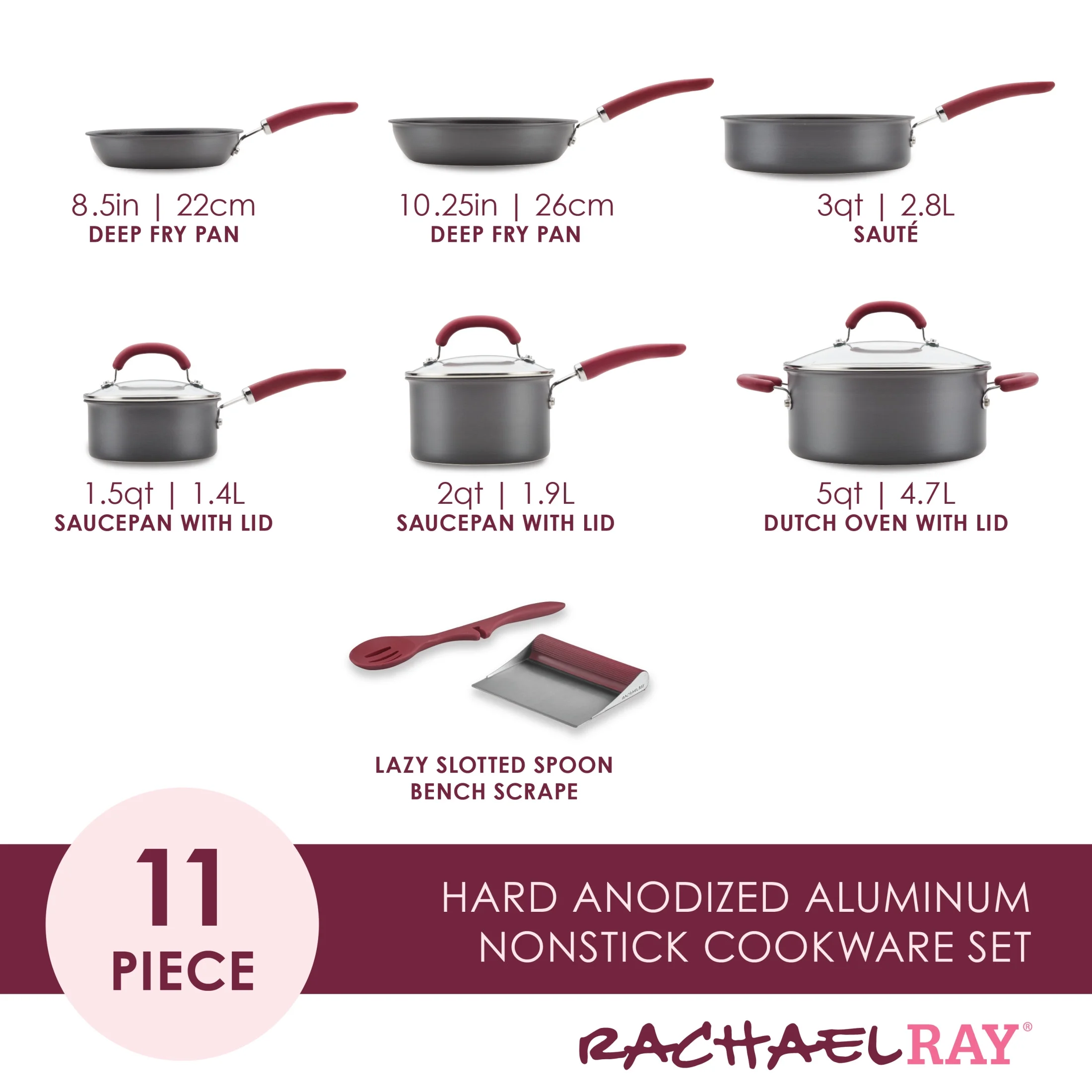 Rachael Ray Create Delicious 11 Piece Nonstick Pots and Pans Set, Burgundy Handles