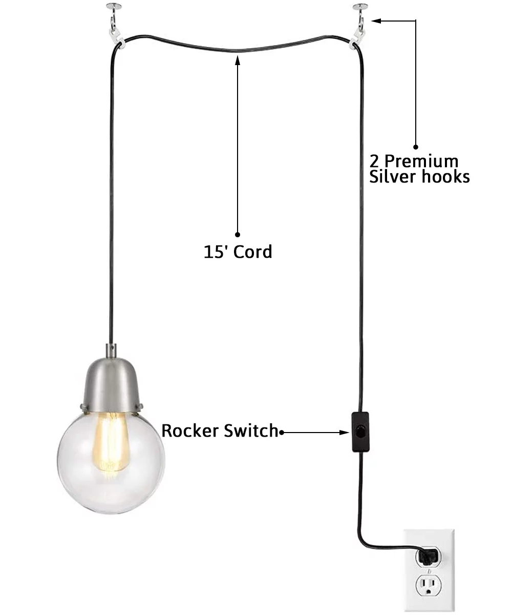 Rivet Mid-Century Modern Glass Globe Plug-In Hanging Chandelier With LED Light Bulb - 6.25 x 6.25 x 9.75 Inches, Brushed Nickel