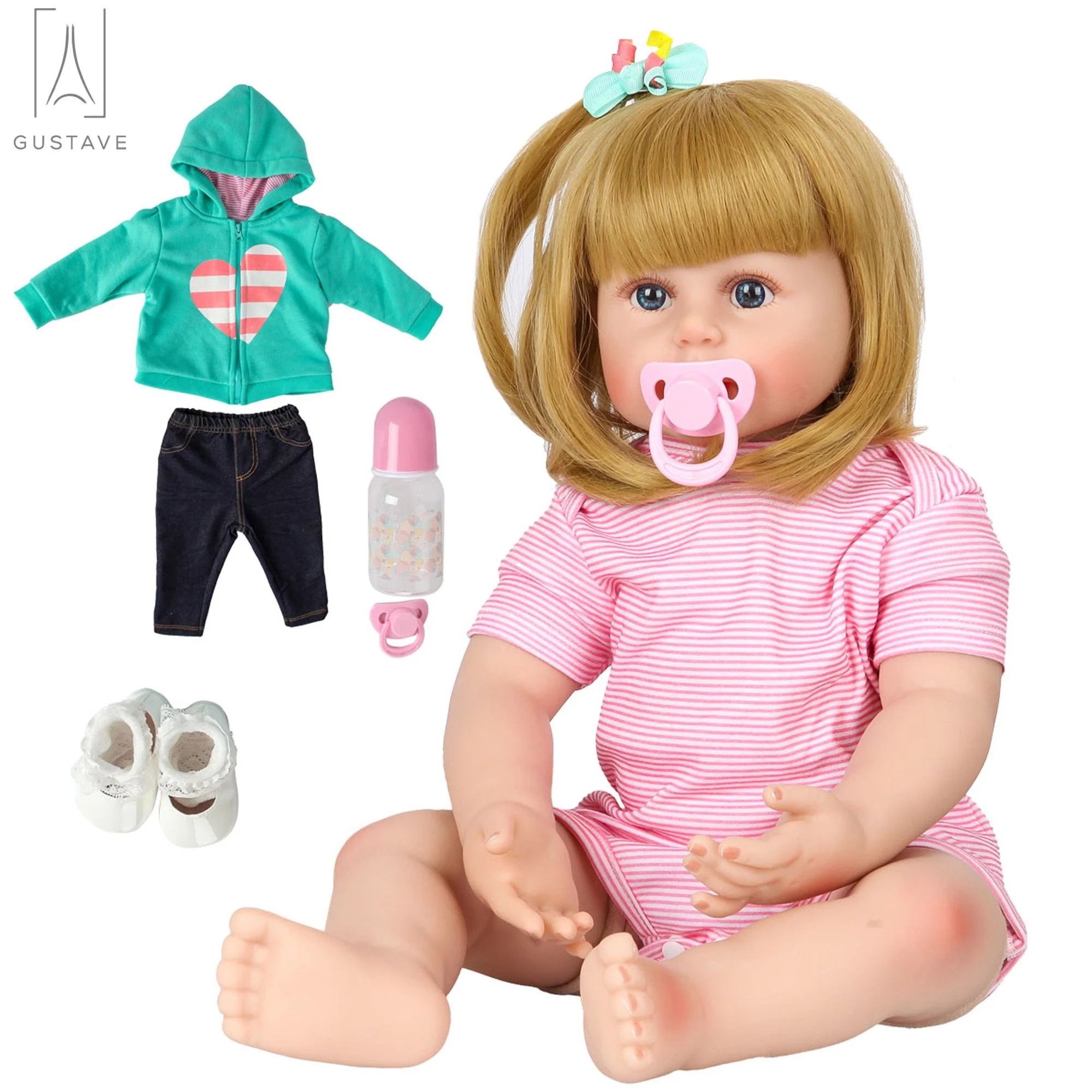 Gustave 24 Inch Realistic Looking Baby Silicone Vinyl Doll, Lovely Toddlers Girls Blond Hair Soft Body Newreborn Baby Dolls for Kid Xmas Gift