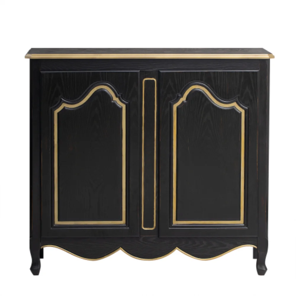 Accent Storage Cabinet with 2 Doors,Pure Hand Drawn,Solid Wood Legs,Suitable for living room, study and Entryway Black + Solid Wood+MDF