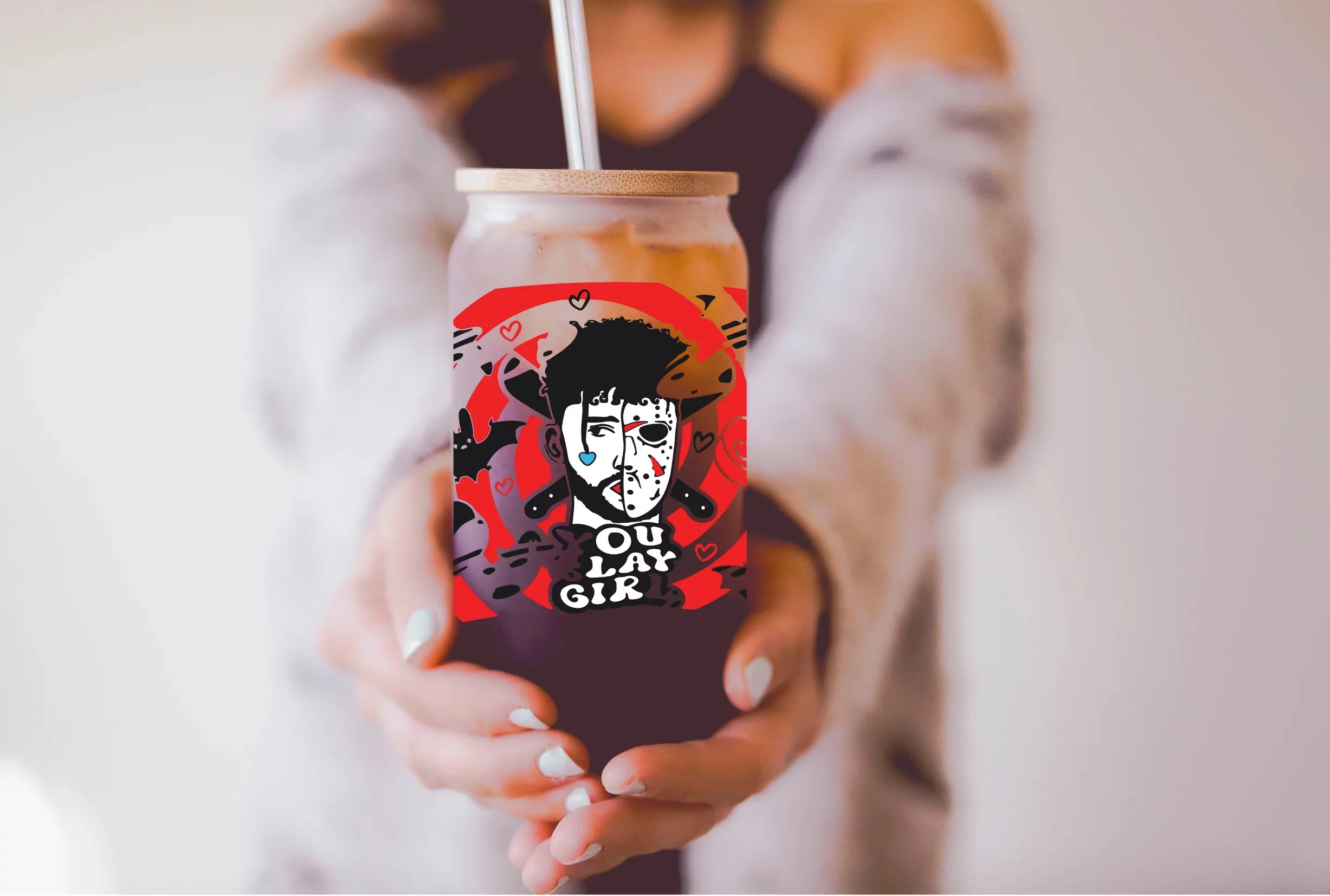 Bad Bunny Halloween Themed Iced Coffee Cup Glass - Trendy Glass Jar