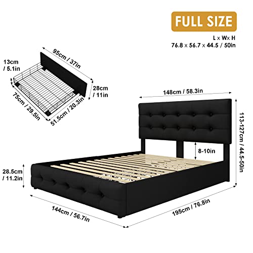 Queen Bed Frame with 4 Storage Drawers and Adjustable Headboard, Upholstered Platform Bed with Button Tufted Design, Strong Wooden Slats Support, No Box Spring Needed, Black