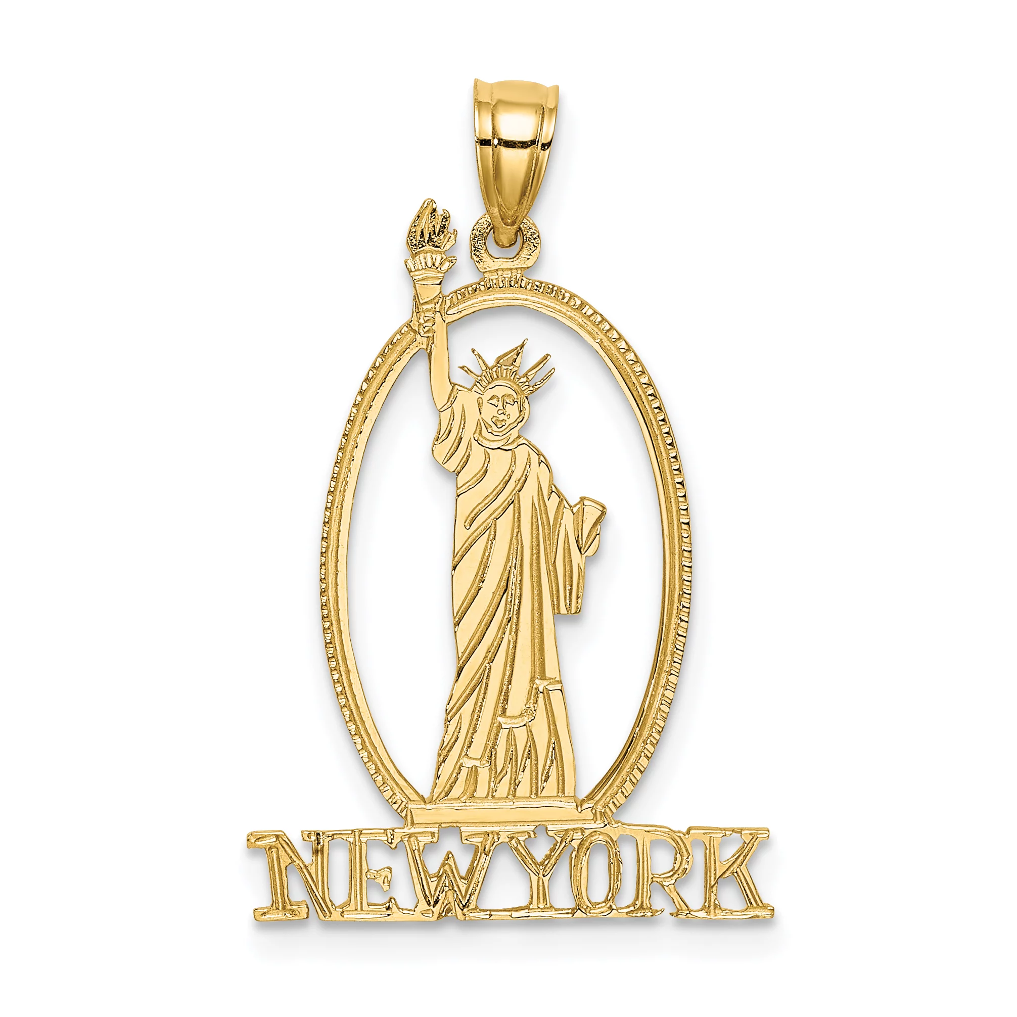 Carat in Karats 14K Yellow Gold Cut-Out New York With Statue Of Liberty Pendant Charm (25.6mm x 18.4mm) With 10K Yellow Gold Lightweight Rope Chain Necklace 18''