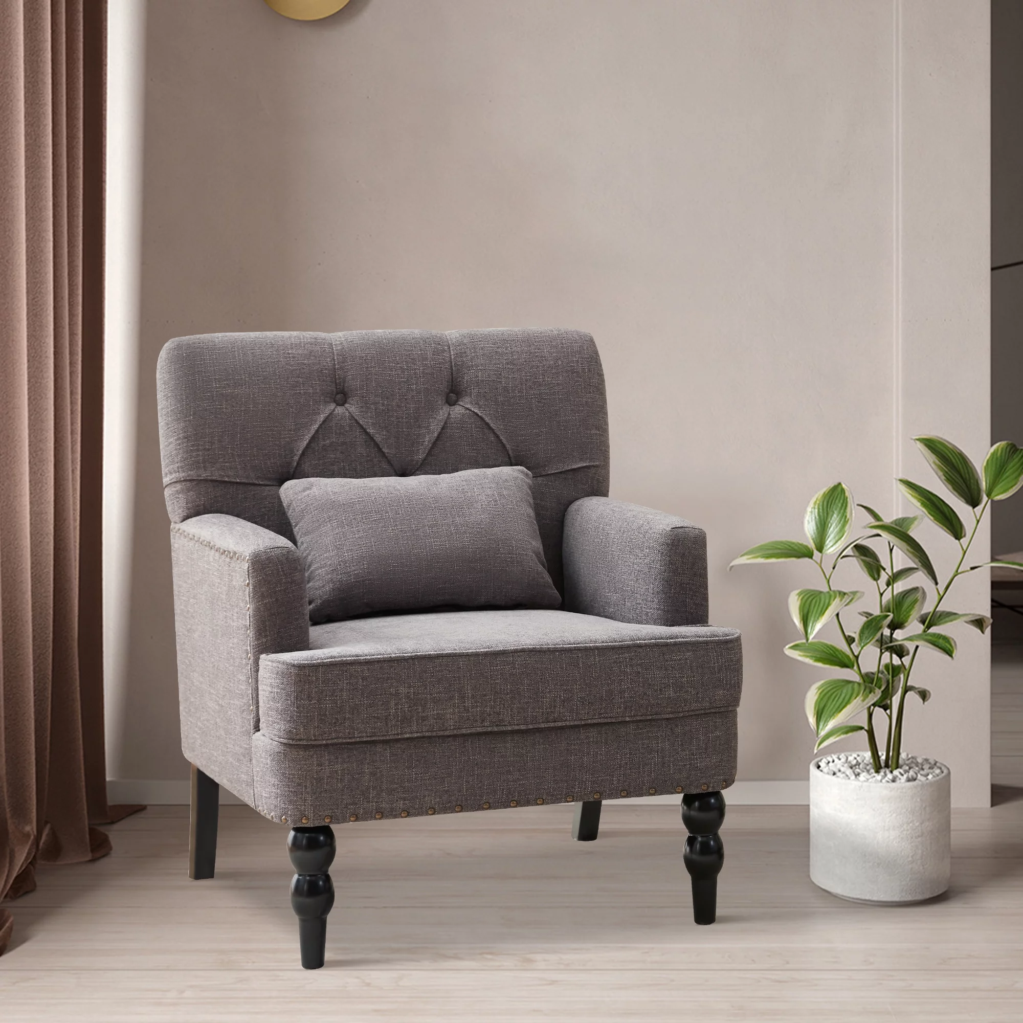 HUIMO Tufted Club Chair,Accent Chair with Lumbar Pillow, Upholstered Button Armchair, Linen Fabric Comfy Sofa Chairs for Bedroom, Living Room,Grey