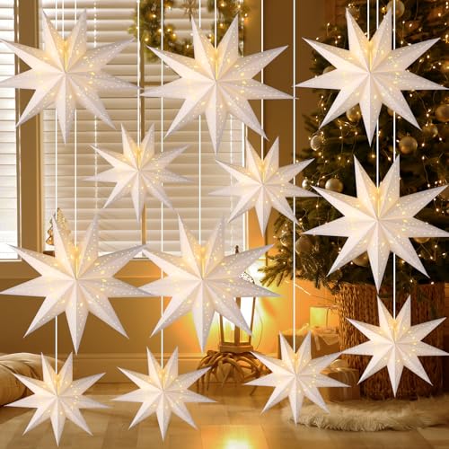 Youyole 12 Set Christmas 3D Paper Star Lantern 9 Pointed Hanging Star Paper Lanterns Ornaments with String 12 and 17.72 Inch Hollow Lantern Lampshade for Xmas Wedding Birthday Party Decor