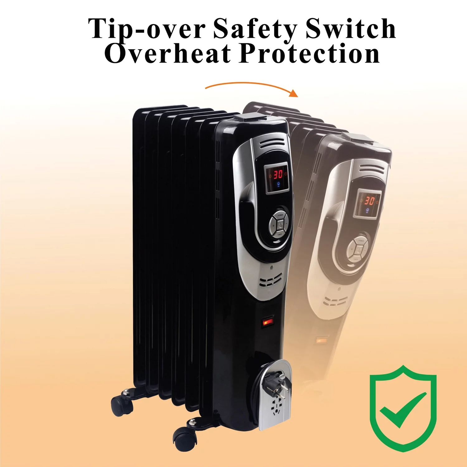 Optimus H-6015 3-Setting 1,500-Max 7-Fin Portable Oil-Filled Radiator Heater with Digital Display, Timer, Thermostat, and Wheels